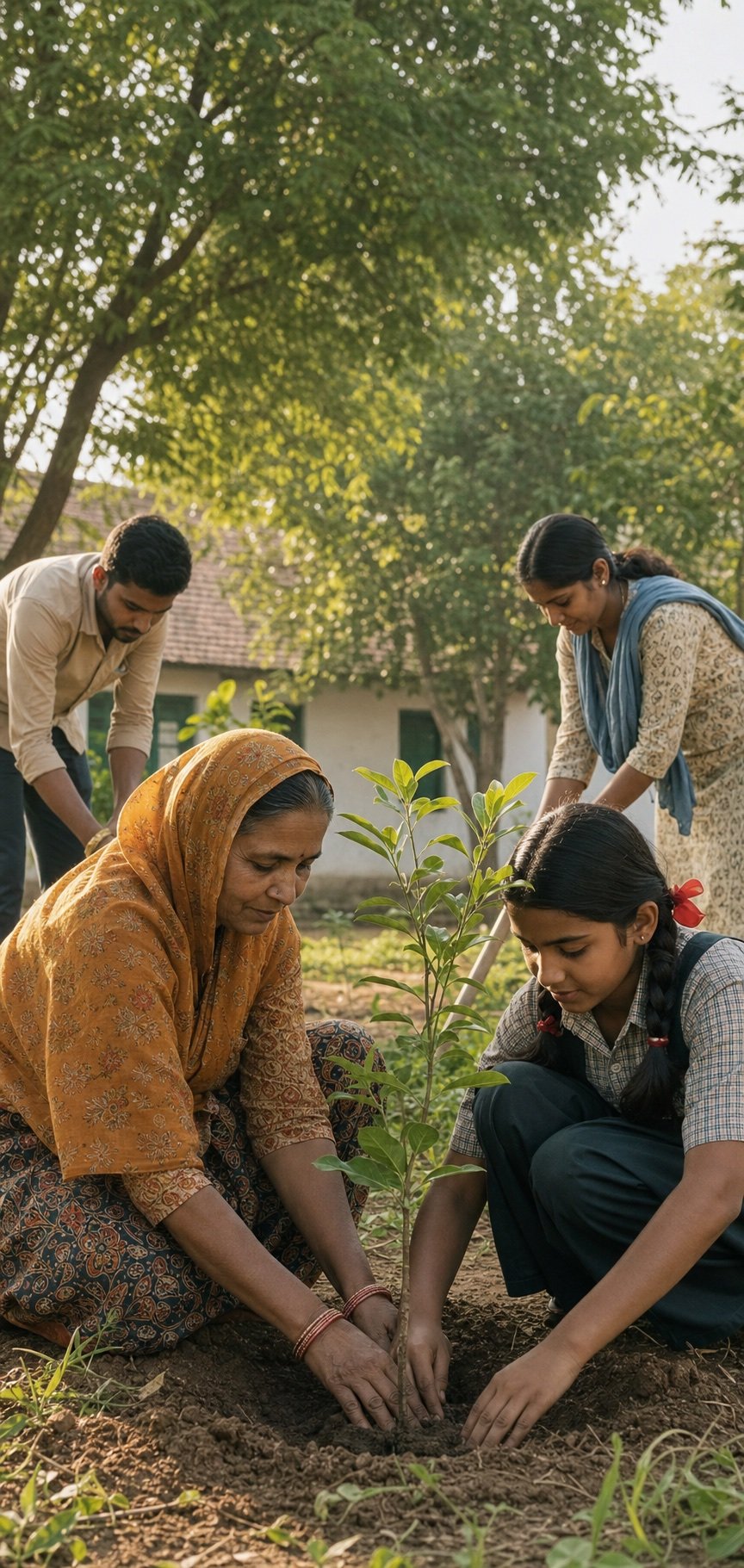 A schoolgirl and an elder planting a young tree together